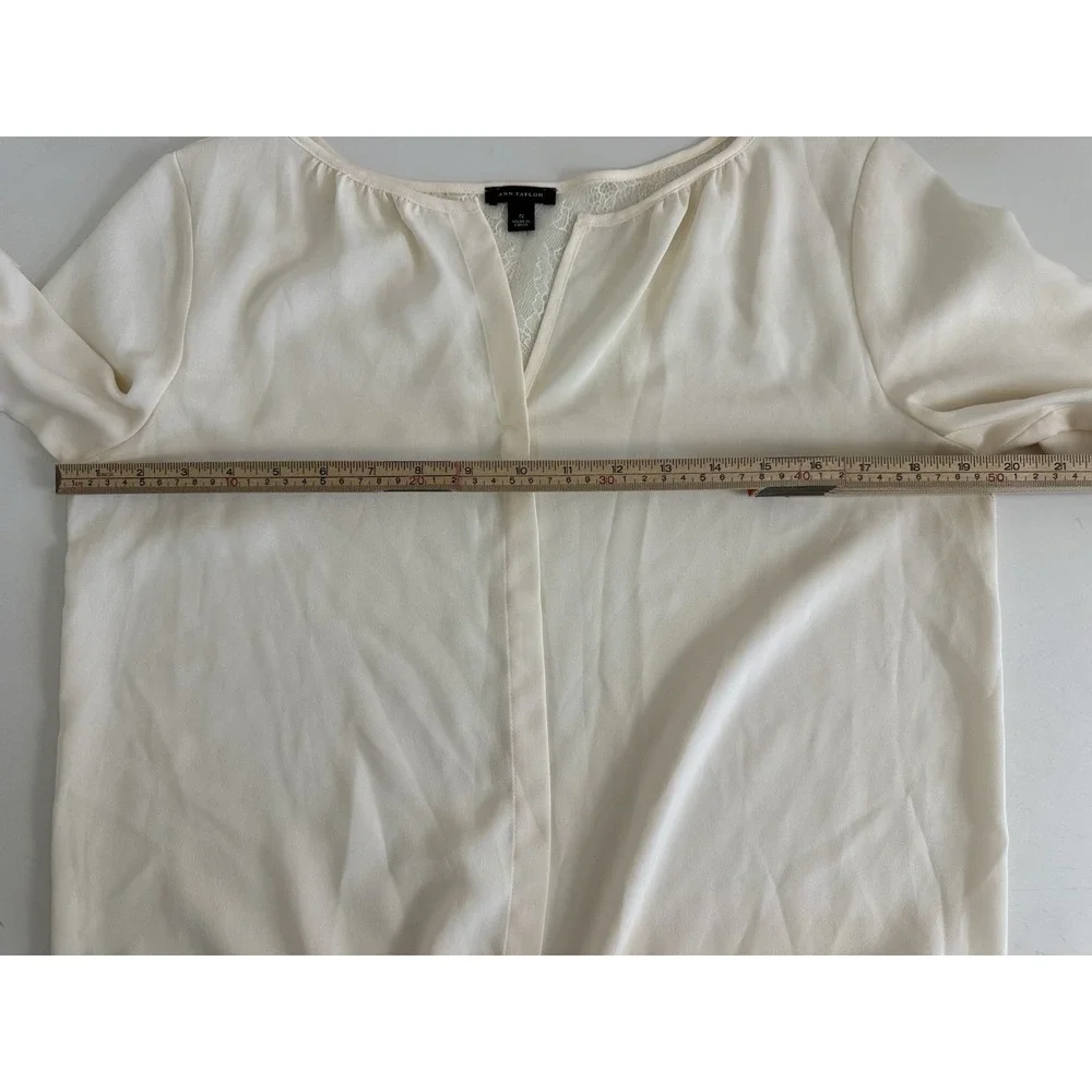 Ann Taylor Blouse Womens S Ivory Lace Sleeve V Neck Sheer Back Dressy Top